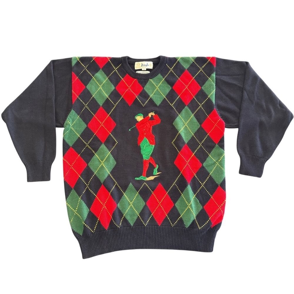 Pringle Of Scotland Navy Red Green Argyle Knit Crewneck Sweater Embroidered Golf
